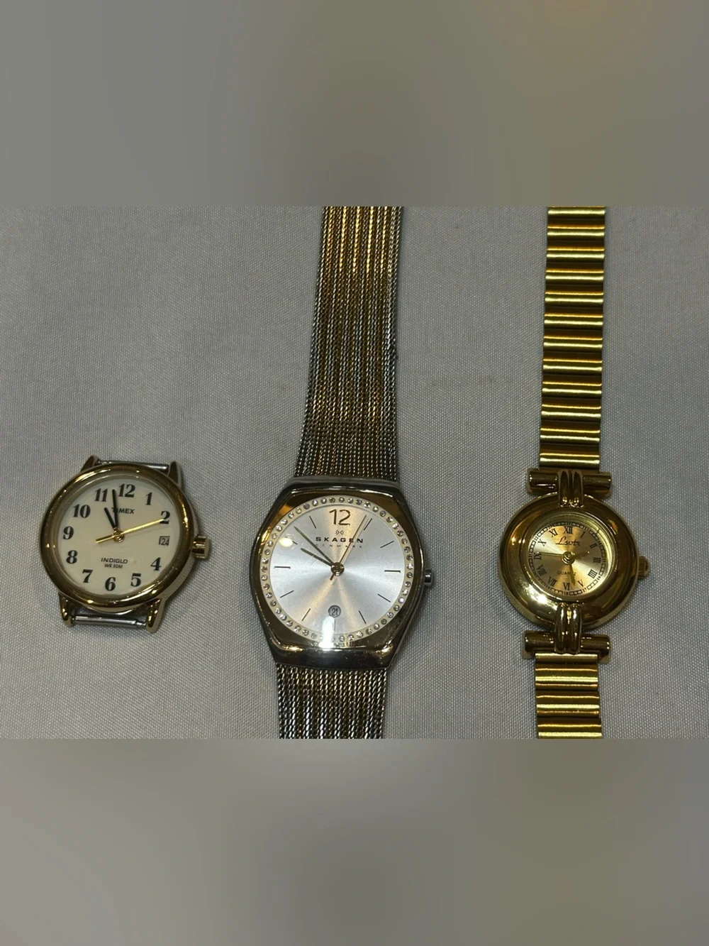 Watch Bundle: Timex Face, Two Tone Skagen and Gold Tone Lotus. Vintage inspired.